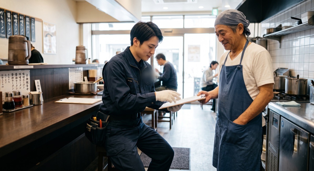 点検報告書を店主に説明する作業スタッフ