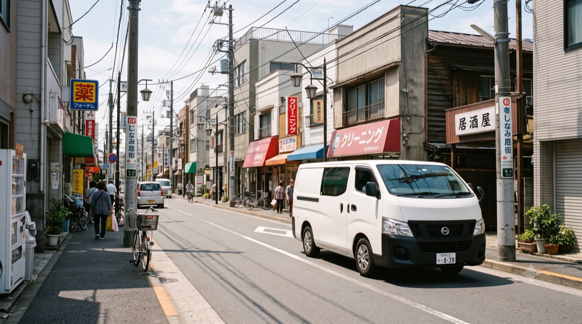 商店街を走る白い作業車