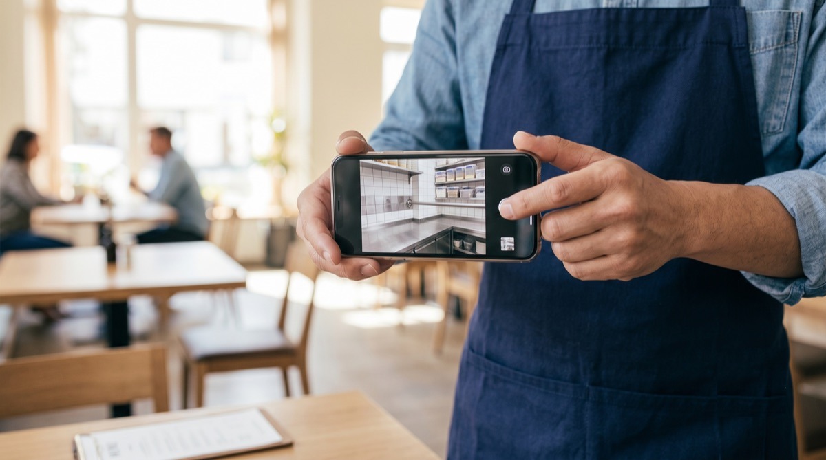 店舗の厨房をスマートフォンで撮影する店主